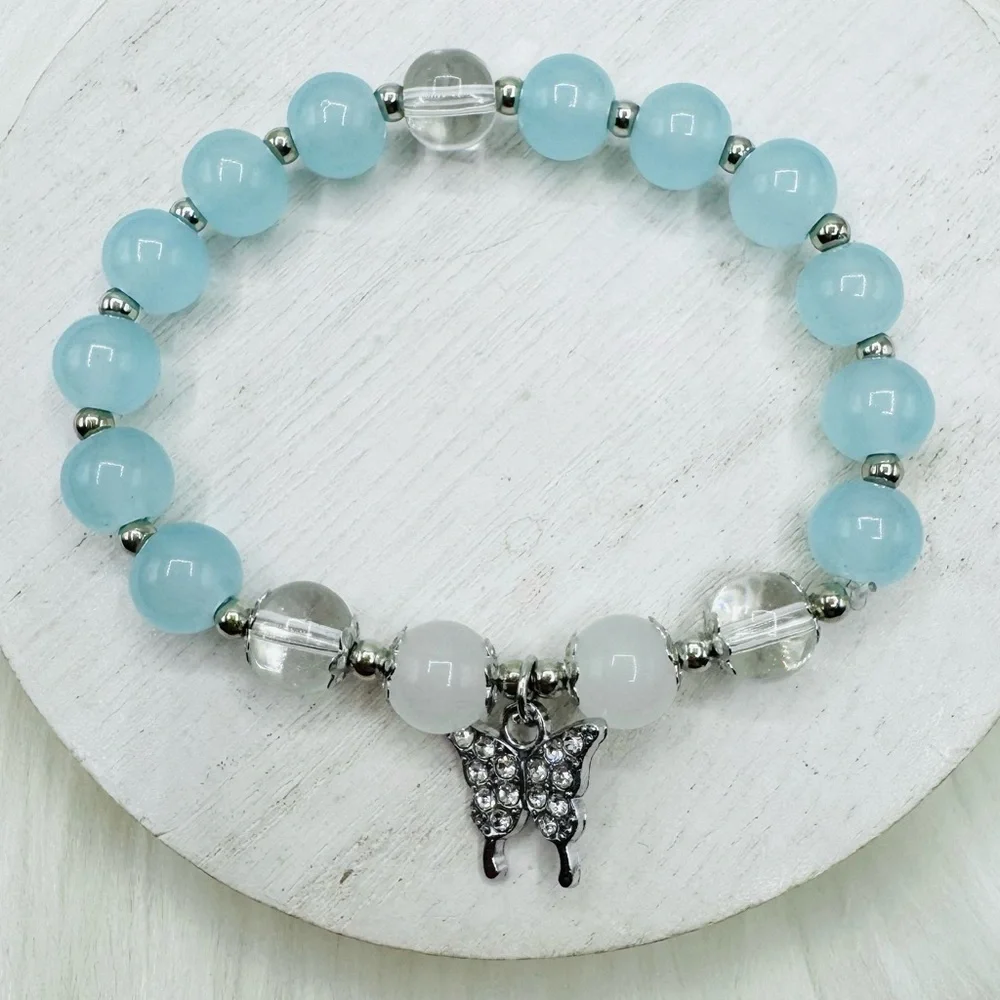 Blue Beaded w/ Sparkly Butterfly Charm Bracelet - Small wrists